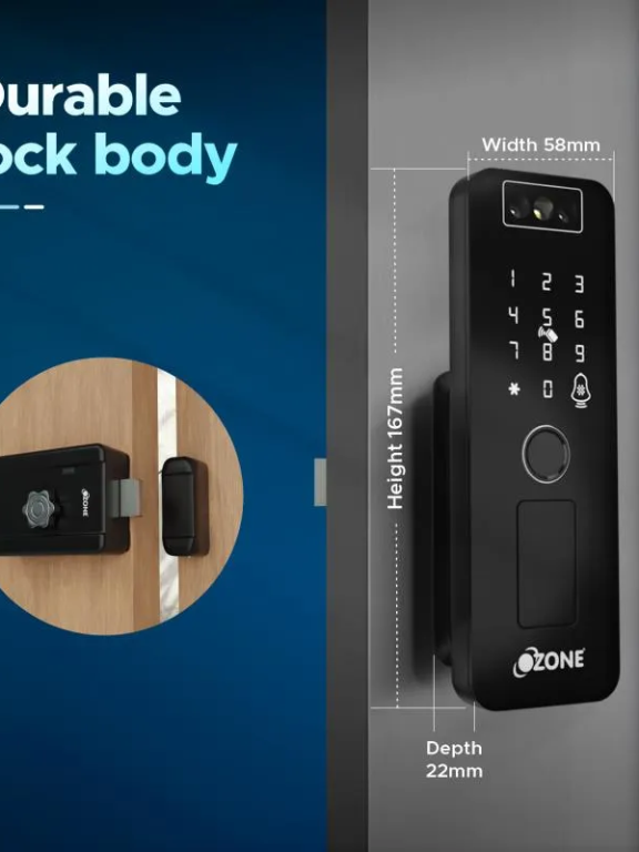 Ozone 3D Facial Recognition Rim Lock for Wooden & Metal Doors, 5-Way Access, Face Recognition, Mobile App, Fingerprint, Password, RFID Card, 25-65 mm Door Thickness, Free Installation, 3 Years Warranty (Black)