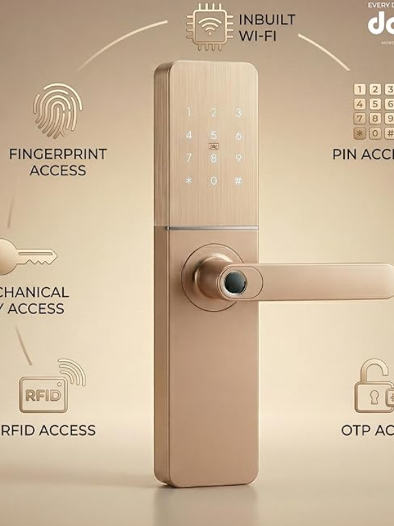 Dorset DG 104 Mortise Digital Door Lock with 5-Way Access : Finger Print, Password, RFID Card, Mechnical Key, Mobile Access| | Stainless Steel Deadbolt | 3-Year Warranty, Champagne Matt Finish