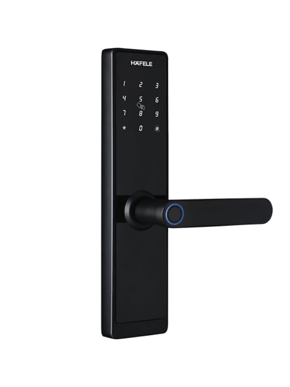 Hafele RE-ACH Smart Digital Lock | Fingerprint | PIN | OTP | RFID Access Card | Mechanical Key | BLE | Mobile App | Privacy Feature | Black Matt Finish | 1 Year Warranty
