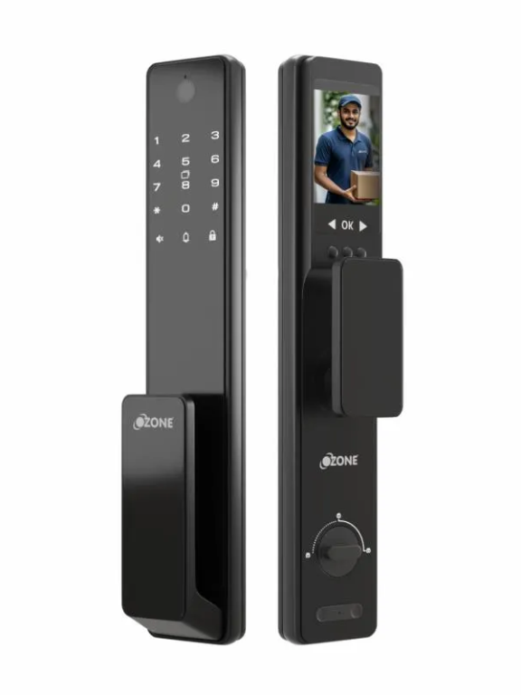 Ozone Smart Wi-Fi External Lock with Integrated HD Video Camera for Wooden & Metal Doors, 4-Way Access, OzoLife App, Fingerprint, Password, RFID Card, 40-100 mm Door Thickness, Free Installation, 3 Years Warranty (Black)